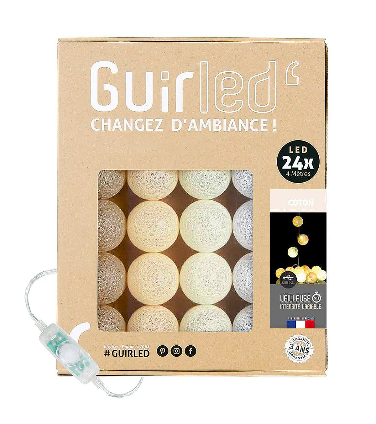 Lichterkette 24 Baumwollkugeln (beige) - Dekorative Beleuchtung für Innenräume