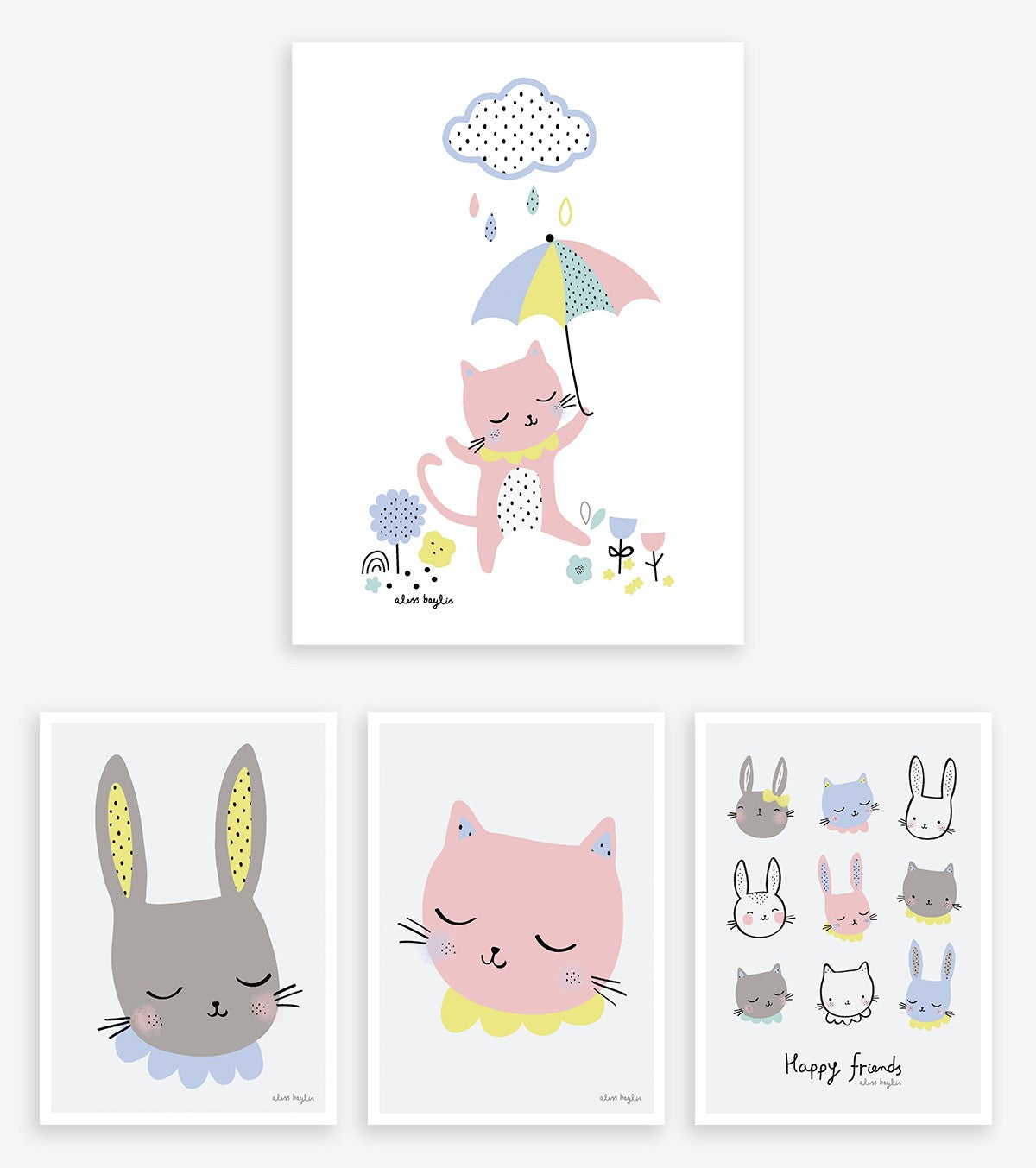 HAPPY CLOUDS - Set Posters Kind - Katzen und Kaninchen (5er Set)