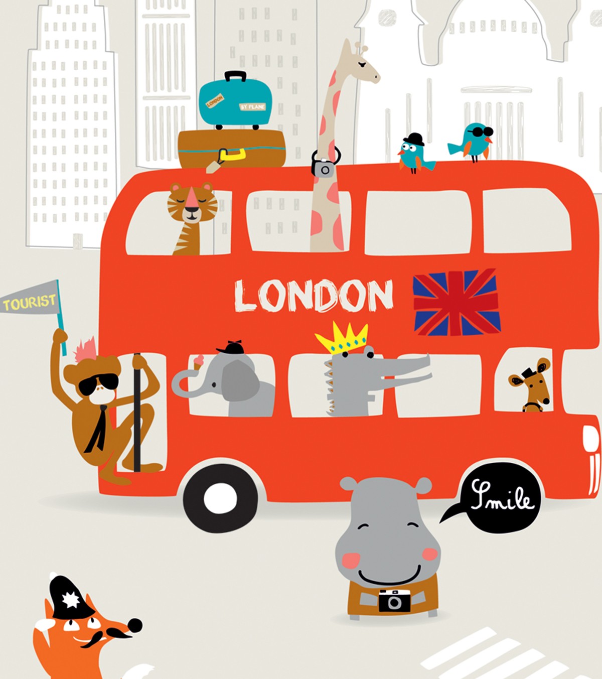 LONDON - Poster für Kinder - Londoner Bus und Tiere