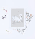 GRACE - Poster für Kinder - Schwan und Blumen (grauer Hintergrund)