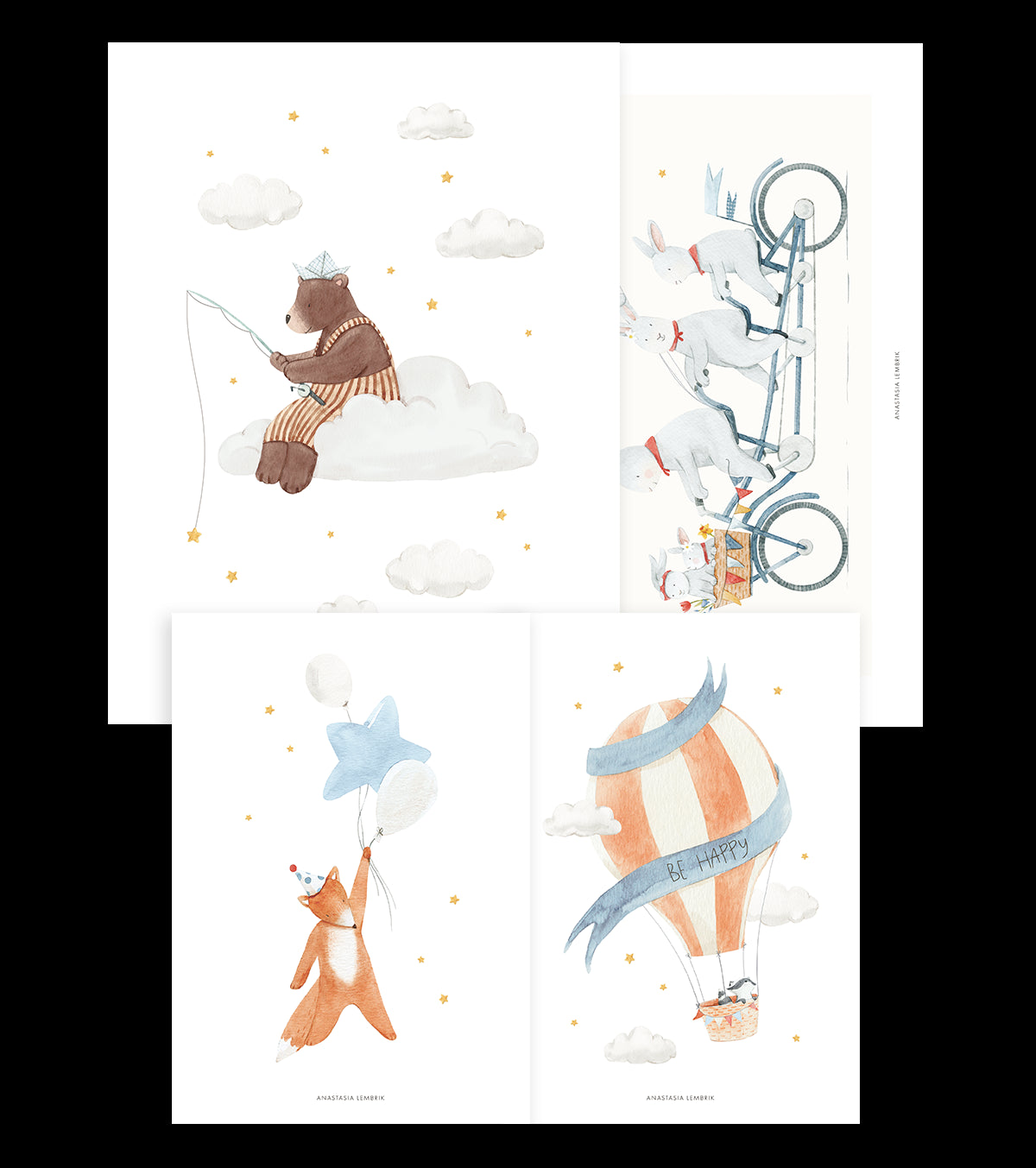 GENTLE FRIENDS - 4er-Set Posters Kind - Hase, Bär, Fuchs, Heißluftballons